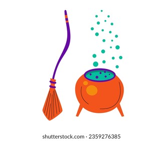 Halloween card template with cauldron and witch broom 