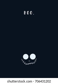Halloween card template with evil devilish grin and mouth in stitches with big white eyes. Scary, spooky, horror vector cartoon. Eps10 vector illustration.