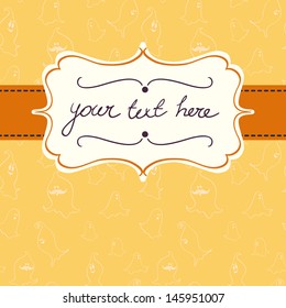Halloween card template with figure frame on seamless holiday pattern with funny cartoon ghosts. Hand drawn background.