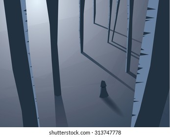 Halloween card template. Forest scenery with person in cape. Holiday party invitation. Spooky atmosphere unique point of view from above. Eps10 vector illustration.