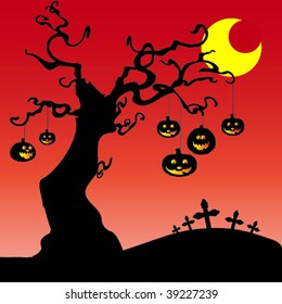 Halloween Card Template with Hanging Pumpkins, Crosses of a Cemetery and Flying Bat in the Dark 