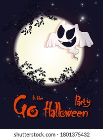 Halloween card template with party invitation. Funny ghost, round moon and night sky with stars. Lettering