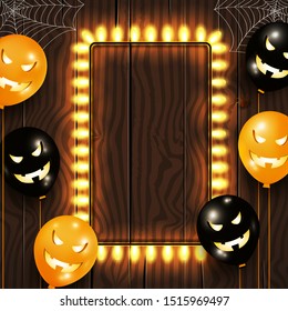 Halloween card template or poster for your arts and blank copy space. Square layout with Halloween orange and black air balloons, garland lights and spider web on wooden background