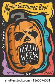 Halloween card template with pumpkin head and colorful design elements. Spooky invitation for Halloween night party, Holidays and celebrations event poster.