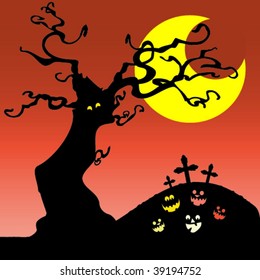 Halloween Card Template with Pumpkins, Tree and Crosses in a Dark Hill at Night