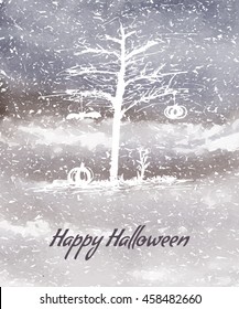 Halloween card template. Trees with roots, watercolor background. Pumpkin, bat, plant elements. Happy Halloween 