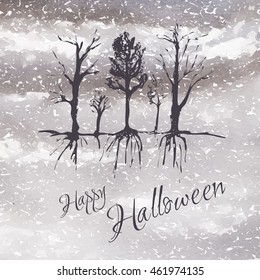 Halloween card template. Trees with roots, dark watercolor background. Happy Halloween 