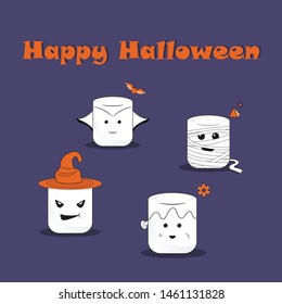 Halloween card template. Witch, mummy, vampire, frankenstein. Cartoon vector. Kawaii style. Happy halloween postcard. Poster, banner.