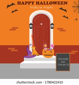 Halloween Card With Text Stay Home And Stay Helth,and Flat Holiday Icons On Modern Geometric Background. Vector Illustration. 