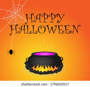 a Halloween card that features a burning cauldron with a potion, a spider on a web, and a Happy Halloween lettering, template (banner) for website, Halloween design