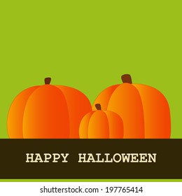 halloween card with three big orange pumpkins on green background