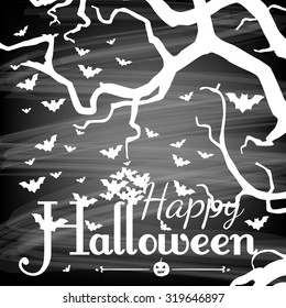 Halloween card.  Three branch silhouette, flying baths and Halloween lettering on chalkboard background.  Vector illustration contains gradient meshes.