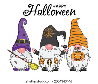 Halloween card. Three cute gnomes. isolated vector