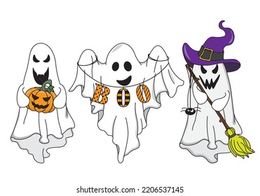 Halloween card. Three ghosts with halloween accessories