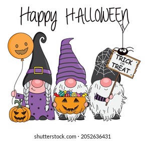 Halloween card. Three gnomes with candy, pumpkin and trick or treat card. Isolated vector