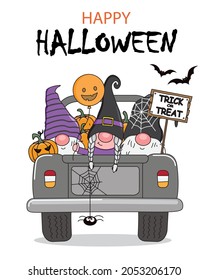 Halloween card. Three gnomes inside a vehicle celebrating halloween. Isolated vector