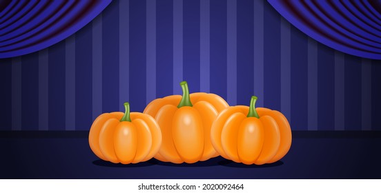 Halloween card with three pumpkins on the blue wall background. Vector illustration