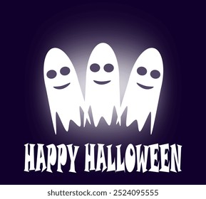 Halloween card with three smiling ghosts on a dark background