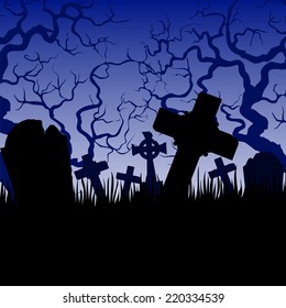 Halloween card with tombs and trees  in old cemetery 