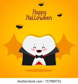 Halloween card with tooth, vampire, cute illustration for children dentistry, vector.