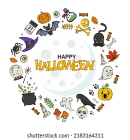 Tarjeta de Halloween con elementos tradicionales del evento y letras de Happy Halloween. Fondo redondeado de forma para la temporada de otoño. Aislado sobre fondo blanco. Objetos vectoriales de dibujos animados para diseño de vacaciones.