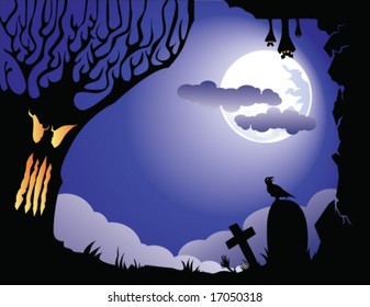 halloween card, with tree, bat, graves and crow. EPS vector illustration