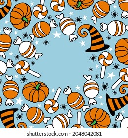 Halloween card. Trick or Treat Frame with sweets, candy, lollipop, pumpkin, witch cap, spiders. Hand drawn Happy Halloween flat vector Illustration for Festive border, party poster, banner