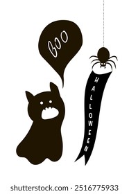 Halloween card,  trick or treat. Funny, cute ghost, cat and spider. Monster silhouettes ink print. Vector illustration.