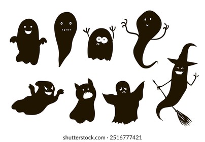 Halloween card,  trick or treat. Funny ghosts set collection. Monster silhouettes ink print. Vector illustration.