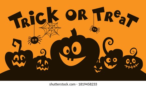 Halloween card and trick or treat lettering on orange background. Vector illustration of a silhouette of a pumpkin