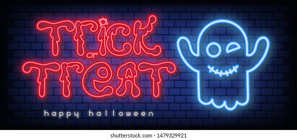 Halloween Card. Trick or Treat Neon Banner with Neon Ghost. Brick Wall Background. Vector Illustration.