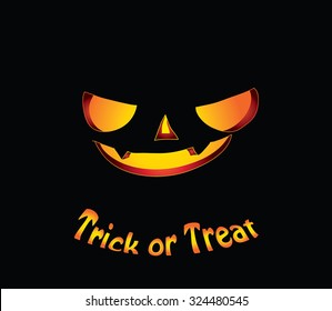 Halloween card - Trick or Treat text and Evil Jack-O-Lantern face on black background. Cartoon carving pumpkin face. For Halloween party invitation, flyer, trick or treat bag print.Vector Eps 10.