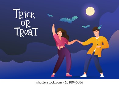 Halloween card Trick or treat. Zombie guy and girl dance under the full moon. Against the background of the abstract sky and bats.
