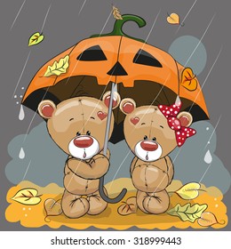 Halloween  card Two cute cartoon bears with umbrella under the rain
