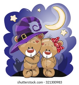 Halloween card Two cute cartoon bears on the night meadow