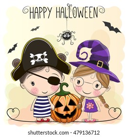 Halloween card with two girls and spider