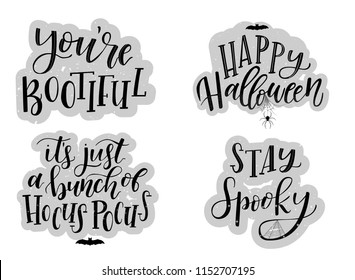 Halloween card typography and calligraphy design. set of 4 Halloween posters, banners, prints, backgrounds, stickers. Hand lettering textured  invitation concept. Vector illustration eps 10.