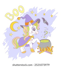 Halloween card unicorn witch, bat and a boiling pot of potion. Lettering Boo. Vector illustration in trendy soft colors. For print, cards, invitation, sublimation, t shirt and clothes design, party