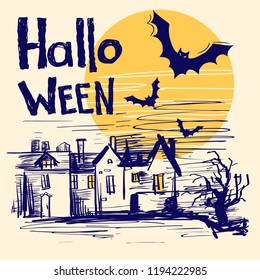 Halloween card. Vector color hand drawn illustration with text