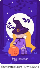 Halloween card vector illustration. Funny girl in fairy forest halloween illustration. Costume party for children. Funny little witch.