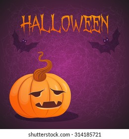 Halloween card. Vector illustration with pumpkin and bats on violet background.