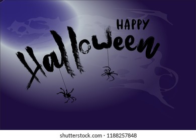 Halloween card. Vector illustration with spider and smoke. Lettering. Hand drawn