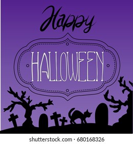 Halloween card. Vector image: black silhouettes on an purple background.