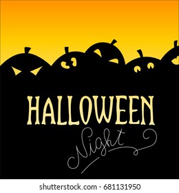 Halloween card. Vector image: black silhouettes on an orange background.