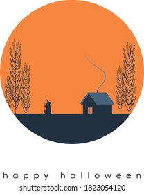 Halloween card vector template with witch walking to a house. Holiday postcard with message. Minimal design, eps10 illustration.