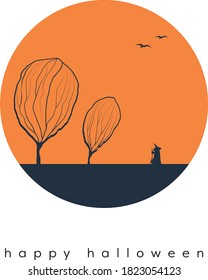 Halloween card vector template with witch walking in fall landscape. Holiday postcard with message. Minimal design, eps10 illustration.