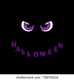 Halloween card. Violet Predatory Monster eyes and word Halloween in shape of smile on black Background. Vector illustration. 