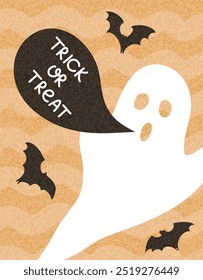 Tarjeta de Halloween con fantasma blanco y murciélagos sobre fondo texturizado beige. Cita en la burbuja de discurso Truco o trato. Tarjeta de felicitación. Feliz Halloween. Ilustración vectorial