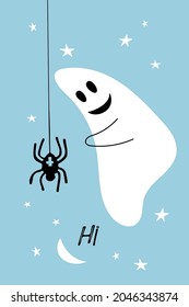 Halloween card. White smiling ghost speaking to spider Hi. Cute Little Ghos on Blue background with moon and stars. Funny Happy Halloween flat cartoon vector Illustration