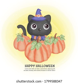 Halloween card wit cute cat .